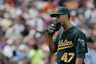 SAN FRANCISCO, CA -  Starting pitcher Gio Gonzalez #47 of the Oakland A's reacts as he leaves against the San Francisco Giants in the bottom of the seventh inning. (Photo by Brian Bahr/Getty Images)