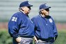 Umpires Harry Wendelstedt Sr. and Larry Vanover stand on the field before a MLB game between the San Diego Padres and Chicago Cubs at Wrigley Field in Chicago, Illinois. (Photo by: Jonathan Daniel/Getty Images) 