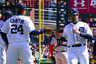 April 8, 2012; Detroit, MI, USA; Detroit Tigers catcher Alex Avila (right) receives congratulations from third baseman Miguel Cabrera (24) after scoring during the first inning against the Boston Red Sox at Comerica Park. Mandatory Credit: Rick Osentoski-US PRESSWIRE