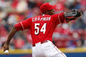 Cincinnati, OH, USA; Cincinnati Reds relief pitcher Aroldis Chapman (54) pitches during the ninth inning against the St. Louis Cardinals at Great American Ballpark. The Reds defeated the Cardinals 4-3. Mandatory Credit: Frank Victores-US PRESSWIRE
