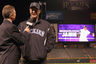 DENVER, CO:  Marc Stout of Roots Sports interviews starting pitcher Jamie Moyer #50 of the Colorado Rockies as he became the oldest player in the major leagues to earn a win as the Rockies defeated the Padres 5-3 at Coors Field in Denver, Colorado.  (Photo by Doug Pensinger/Getty Images)