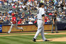 Bronx, NY, USA; New York Yankees pitcher Phil Hughes watches as Los Angeles Angels catcher Chris Iannetta rounds the bases after hitting a two-run homer at Yankee Stadium. Credit: Tim Farrell/The Star-Ledger via US PRESSWIRE