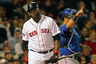 BOSTON, MA - APRIL 18:  David Ortiz #34 of the Boston Red Sox strikes out in the ninth as Mike Napoli #25 of the Texas Rangers signals the out at Fenway Park April 18, 2025  in Boston, Massachusetts. The Red Sox lost 6-3. (Photo by Jim Rogash/Getty Images)