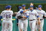 DETROIT, MI: Mitch Moreland #18 of the Texas Rangers celebrates with his teammates after defeating the Detroit Tigers 3-2 at Comerica Park in Detroit, Michigan (Photo by Leon Halip/Getty Images)