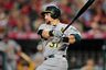 Anaheim, CA, USA; Oakland Athletics designated hitter Jonny Gomes at bat in the eighth inning against the Los Angeles Angels at Angel Stadium. Mandatory Credit: Gary A. Vasquez-US PRESSWIRE