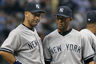 St. Petersburg, FL, USA; New York Yankees shortstop Derek Jeter (2) talks with relief pitcher Mariano Rivera (42) on the mound in the ninth inning against the Tampa Bay Rays at Tropicana Field. Tampa Bay Rays defeated the New York Yankees 7-6. Mandatory Credit: Kim Klement-US PRESSWIRE