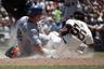 San Francisco, CA, USA; San Francisco Giants starting pitcher Tim Lincecum tags out Angeles Dodgers starting pitcher Chad Billingsley at the plate at AT&T Park. Credit: Kelley L Cox-US PRESSWIRE