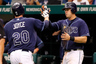 Infielder Evan Longoria #3 of the Tampa Bay Rays congratulates Matt Joyce #20 after scoring against the Texas Rangers during the game at Tropicana Field in St. Petersburg, Florida.  (Photo by J. Meric/Getty Images)