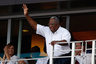 Hall-of-Famer Hank Aaron waves to the crowd during the State Farm Home Run Derby at Kauffman Stadium in Kansas City, Missouri.  (Photo by Jamie Squire/Getty Images)