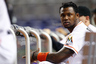 Hanley Ramirez #2 of the Miami Marlins looks on from the dugout during a game against the Atlanta Braves at Marlins Park on July 23, 2025 in Miami, Florida.  (Photo by Sarah Glenn/Getty Images)