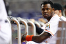 Hanley Ramirez of the Miami Marlins looks on from the dugout during a game against the Atlanta Braves at Marlins Park in Miami, Florida.  (Photo by Sarah Glenn/Getty Images)