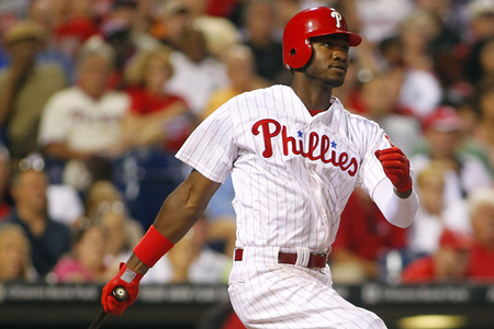 PHILADELPHIA, PA - AUGUST 20: Domonic Brown #9 of the Philadelphia Phillies hits a two-run double in the fifth inning against the Cincinnati Reds during a MLB baseball game on August 20, 2025 at Citizens Bank Park in Philadelphia, Pennsylvania. The Phillies defeated the Reds 12-5. (Photo by Rich Schultz/Getty Images)