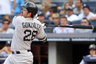 Bronx, NY, USA; Boston Red Sox first baseman Adrian Gonzalez singles to center against the New York Yankees at Yankee Stadium.  Credit: Anthony Gruppuso-US PRESSWIRE