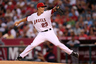Zack Greinke of the Los Angeles Angels of Anaheim throws a pitch against the Cleveland Indians at Angel Stadium in Anaheim, California.  (Photo by Stephen Dunn/Getty Images)