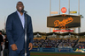 Los Angeles, CA, USA; Los Angeles Dodgers owner Magic Johnson speaks to the crowd before the game against the San Francisco Giants at Dodger Stadium. Mandatory Credit: Kirby Lee/Image of Sport-US PRESSWIRE