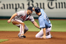 St. Petersburg, FL, USA; Atlanta Braves second baseman Dan Uggla (26) forces out Tampa Bay Rays right fielder Ben Zobrist (18) as he attemped to steal at Tropicana Field. Mandatory Credit: Kim Klement-US PRESSWIRE