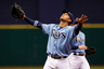 Infielder Carlos Pena #23 of the Tampa Bay Rays calls for the fly ball against the Atlanta Braves during the game at Tropicana Field in St. Petersburg, Florida.  (Photo by J. Meric/Getty Images)